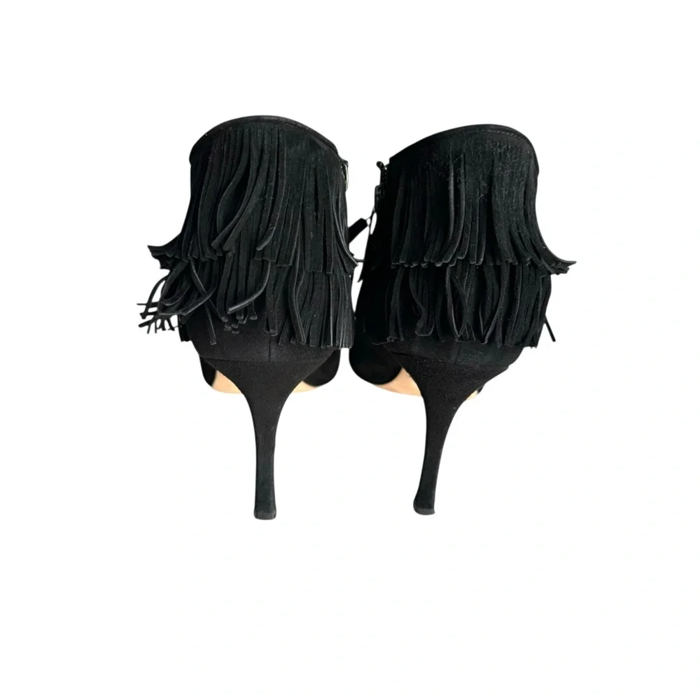 Manolo Blahnik Open Toe Heels Booties Black Suede Fringe